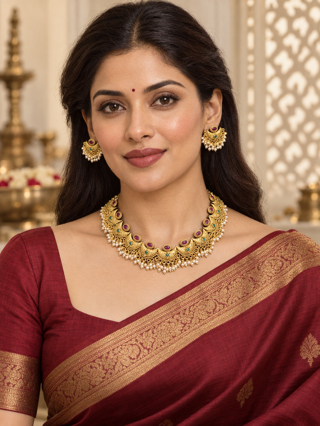 Antique Gold Ruby & Emerald Pearl Necklace Set with Chandbali Earrings | Matte Gold Plated