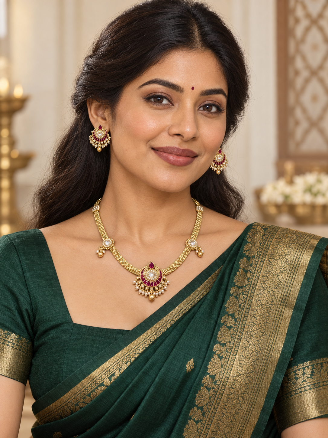 Antique Gold Ruby & Kundan Pearl Necklace Set with Chandbali Earrings | Matte Gold Plated