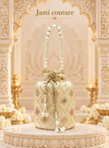 Cream & Gold Embroidered Potli Bag with Pearl Handle & Tassels | Drawstring Clutch