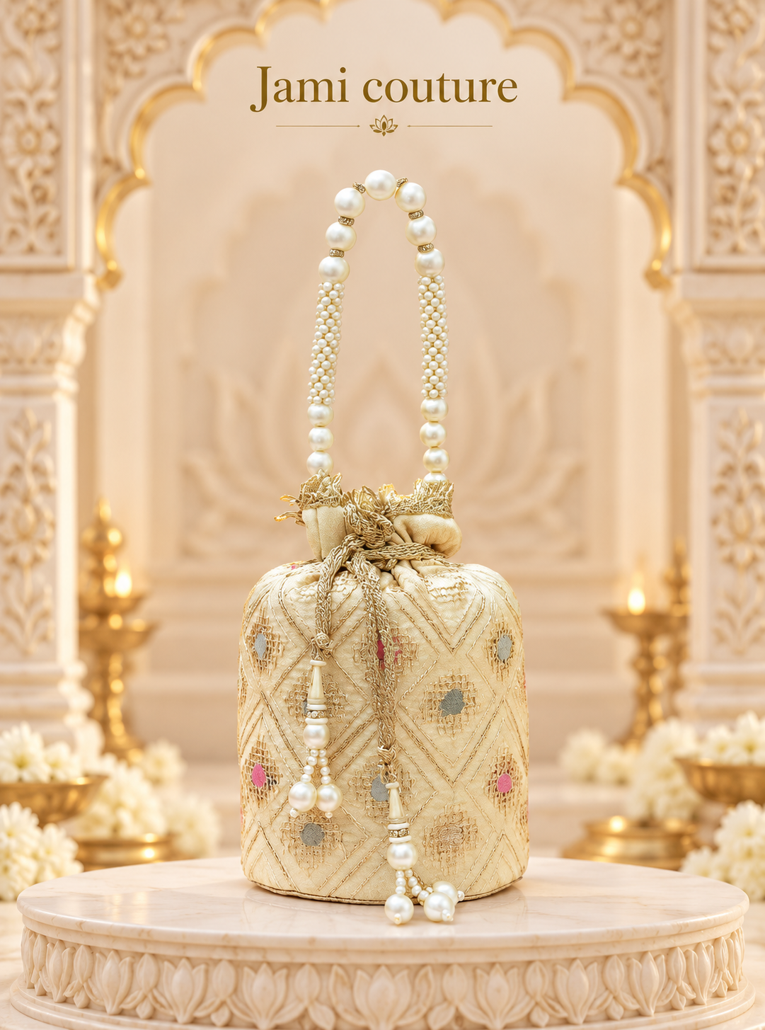 Cream & Gold Embroidered Potli Bag with Pearl Handle & Tassels | Drawstring Clutch
