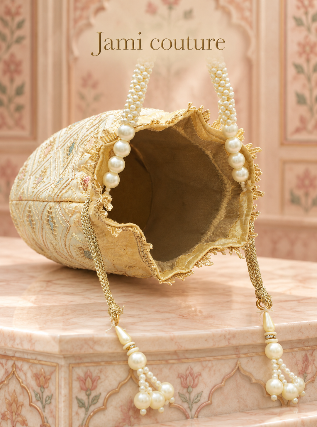 Cream & Gold Embroidered Potli Bag with Pearl Handle & Tassels | Drawstring Clutch
