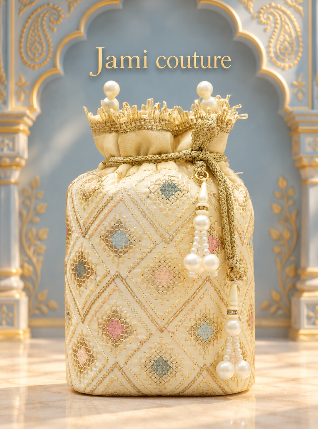 Cream & Gold Embroidered Potli Bag with Pearl Handle & Tassels | Drawstring Clutch