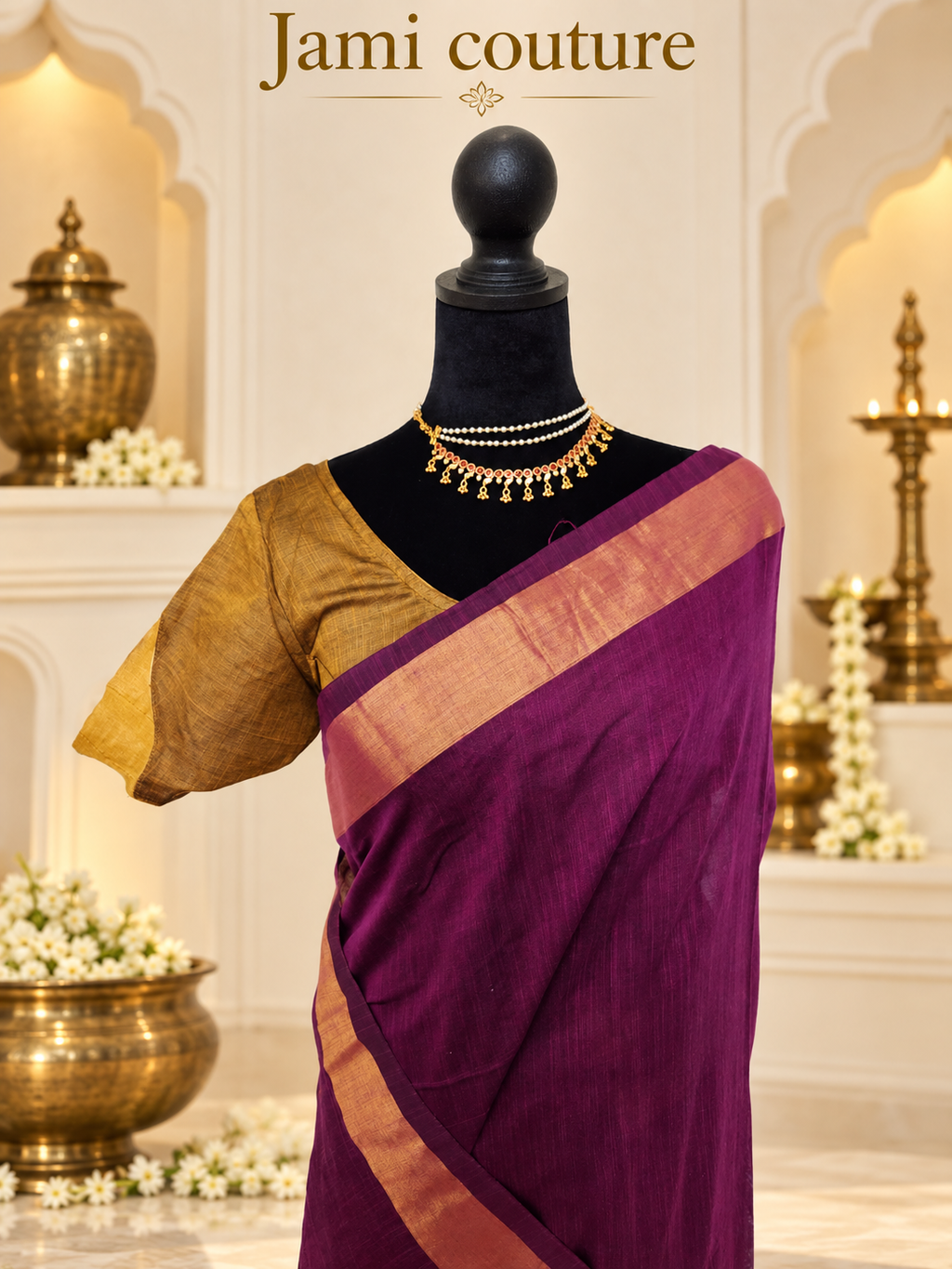 Magenta & Mustard Premium Khadi Cotton Saree with Gold Zari Border | Mustard Contrast Blouse