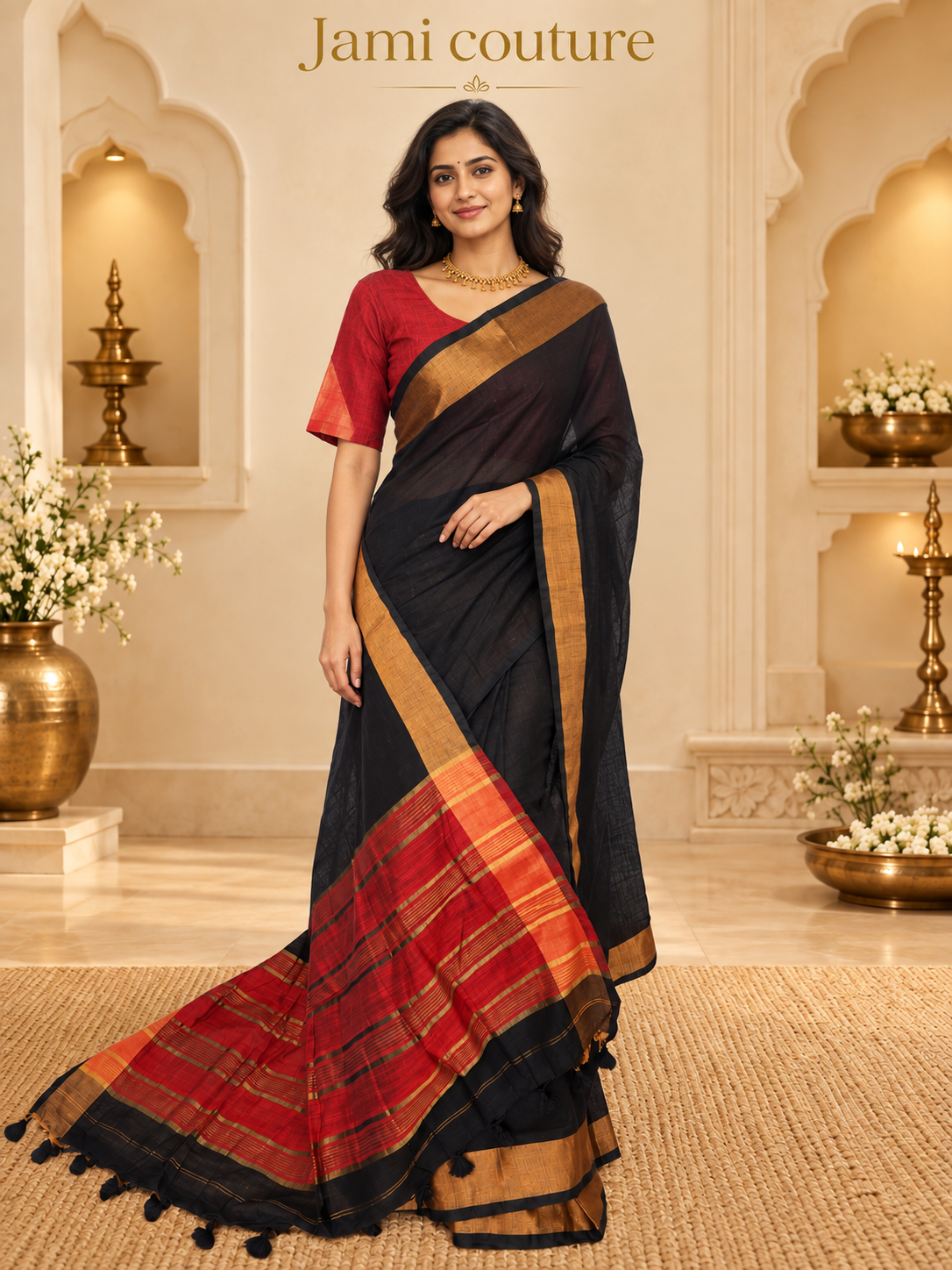 Black & Maroon Premium Khadi Cotton Saree with Copper Zari Border | Red Contrast Blouse
