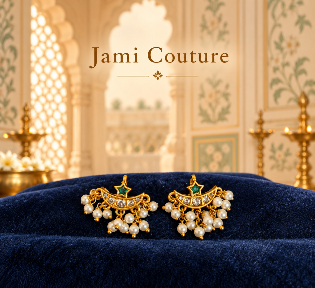 Crescent Moon & Star Ear Cuffs with Emerald, CZ & Pearl Fringe | Gold-Plated