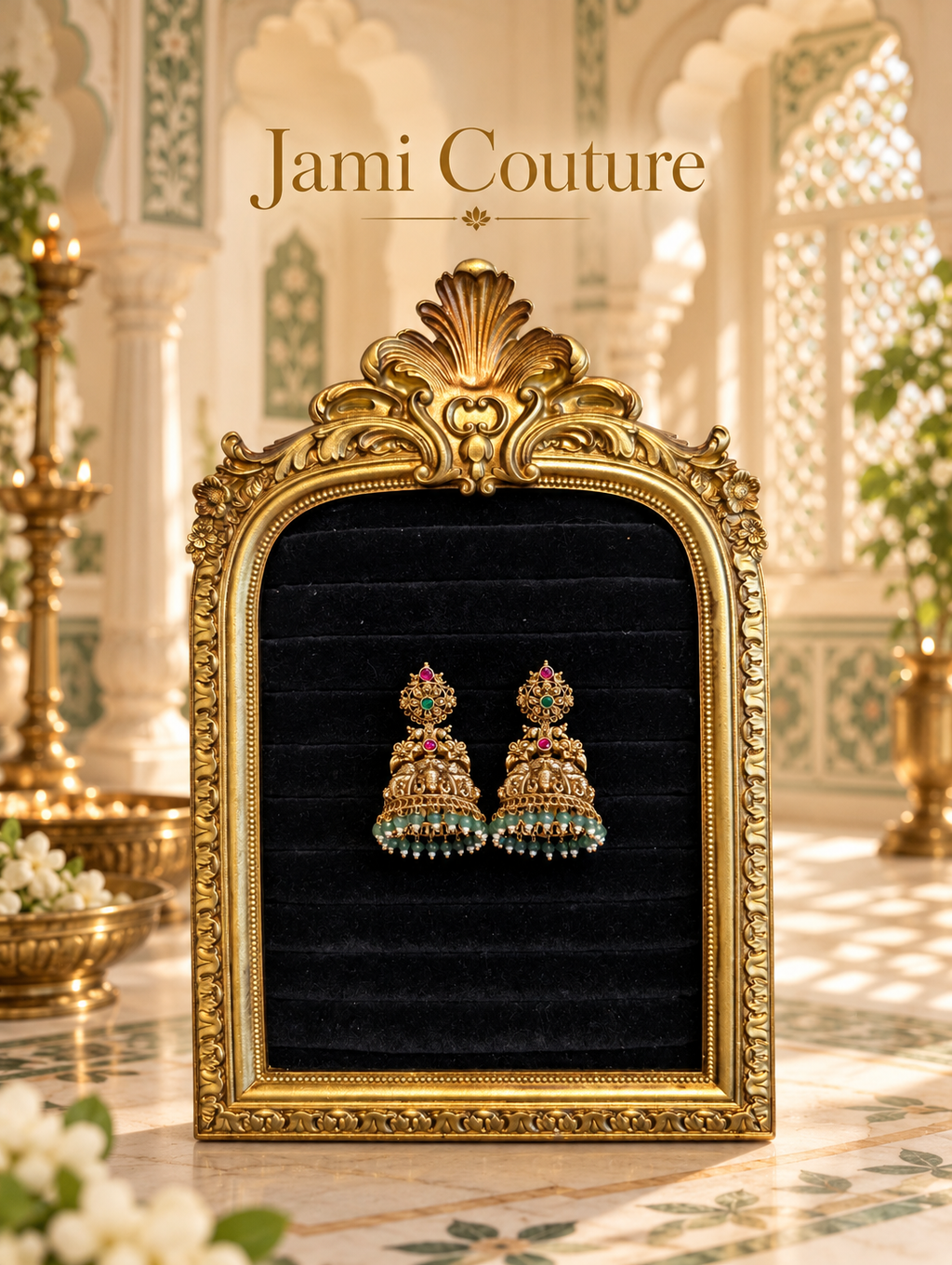Temple Ganesha Peacock Jhumka Earrings with Ruby, Emerald & Bead Fringe | Antique Matte Gold