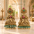 Temple Ganesha Peacock Jhumka Earrings with Ruby, Emerald & Bead Fringe | Antique Matte Gold