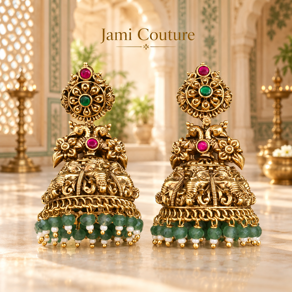 Temple Ganesha Peacock Jhumka Earrings with Ruby, Emerald & Bead Fringe | Antique Matte Gold