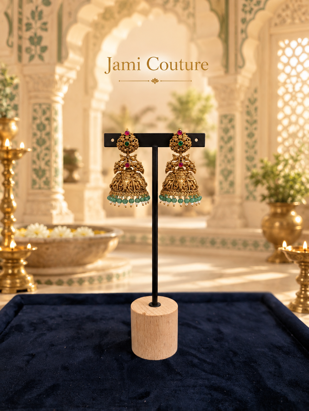 Temple Ganesha Peacock Jhumka Earrings with Ruby, Emerald & Bead Fringe | Antique Matte Gold