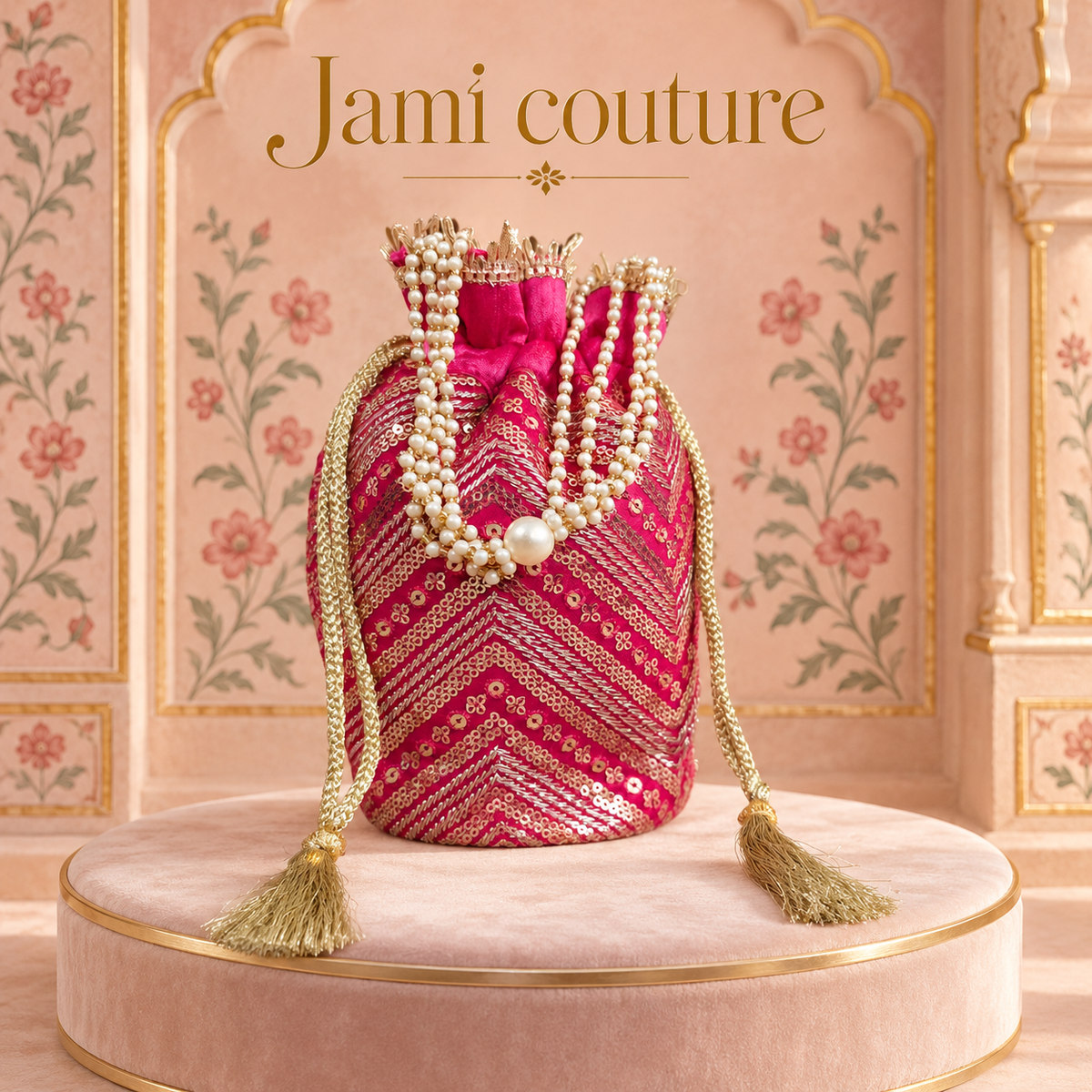 Rani Pink & Gold Sequin Chevron Potli Bag with Pearl Handle & Tassels | Handcrafted Ethnic Clutch