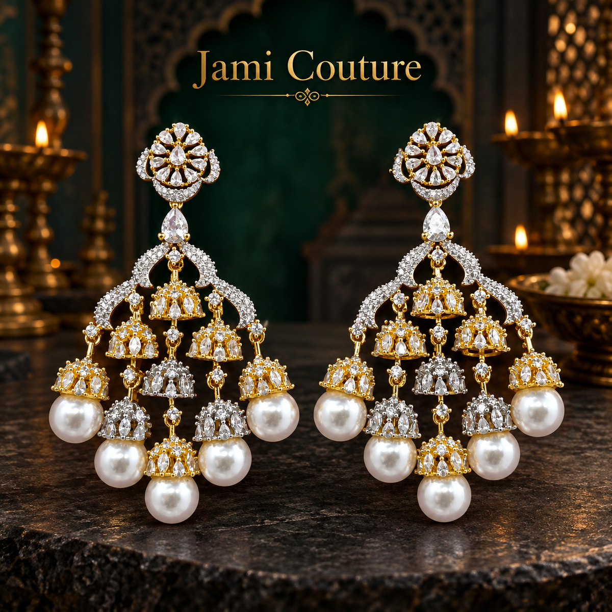 American Diamond Jhumka Chandelier Earrings with Pearl Drops | Two-Tone Bollywood Style