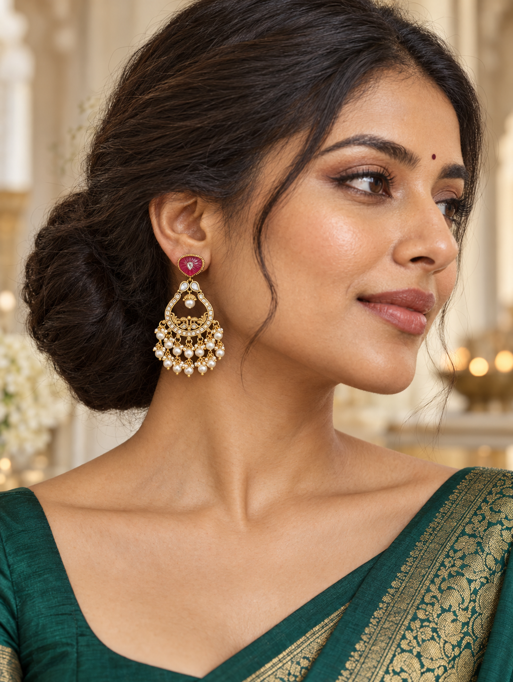 Carved Ruby & Kundan Chandbali Earrings with Pearl Cluster Fringe | Rajwadi Gold