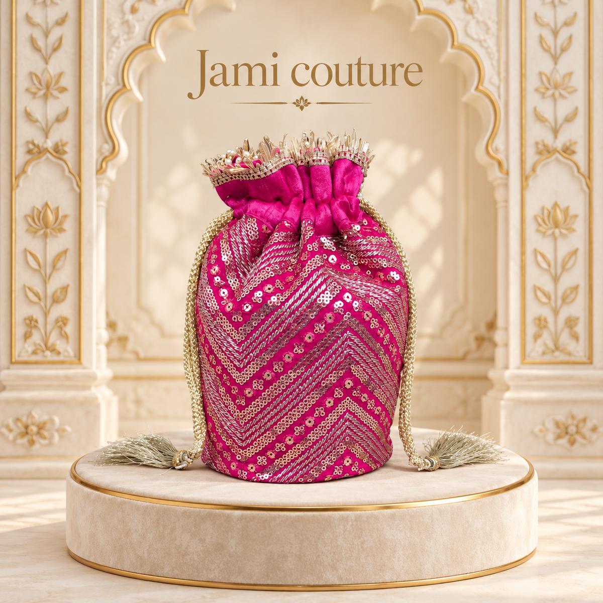 Rani Pink & Gold Sequin Chevron Potli Bag with Pearl Handle & Tassels | Handcrafted Ethnic Clutch