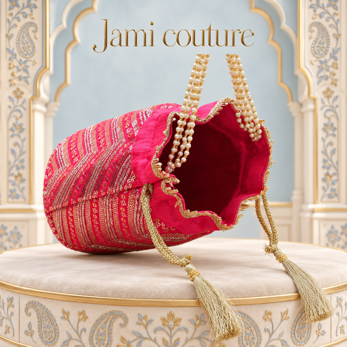 Rani Pink & Gold Sequin Chevron Potli Bag with Pearl Handle & Tassels | Handcrafted Ethnic Clutch