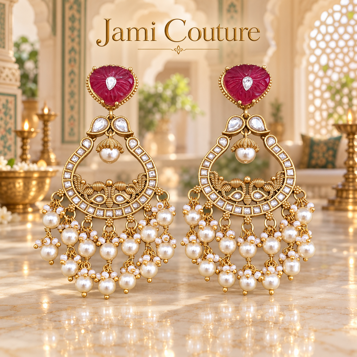Carved Ruby & Kundan Chandbali Earrings with Pearl Cluster Fringe | Rajwadi Gold