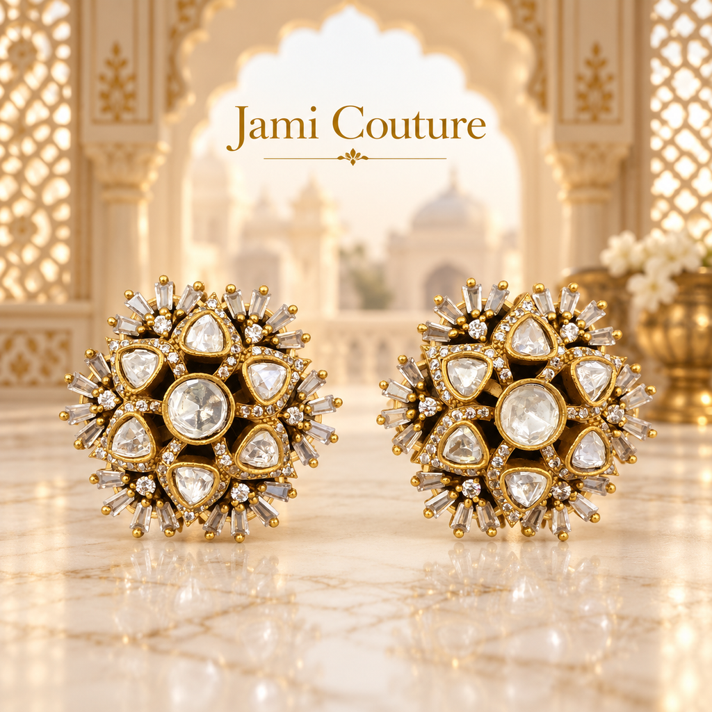 Polki Floral Starburst Stud Earrings with CZ Detailing | Rajwadi Antique Gold Tops