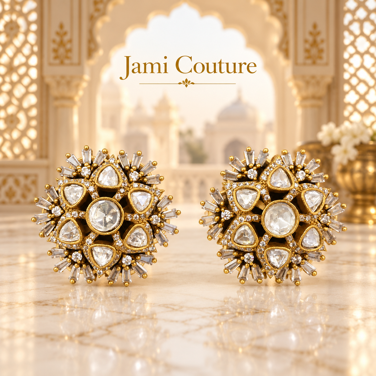 Polki Floral Starburst Stud Earrings with CZ Detailing | Rajwadi Antique Gold Tops