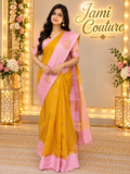 Mustard Silk Cotton Saree with Pink Border