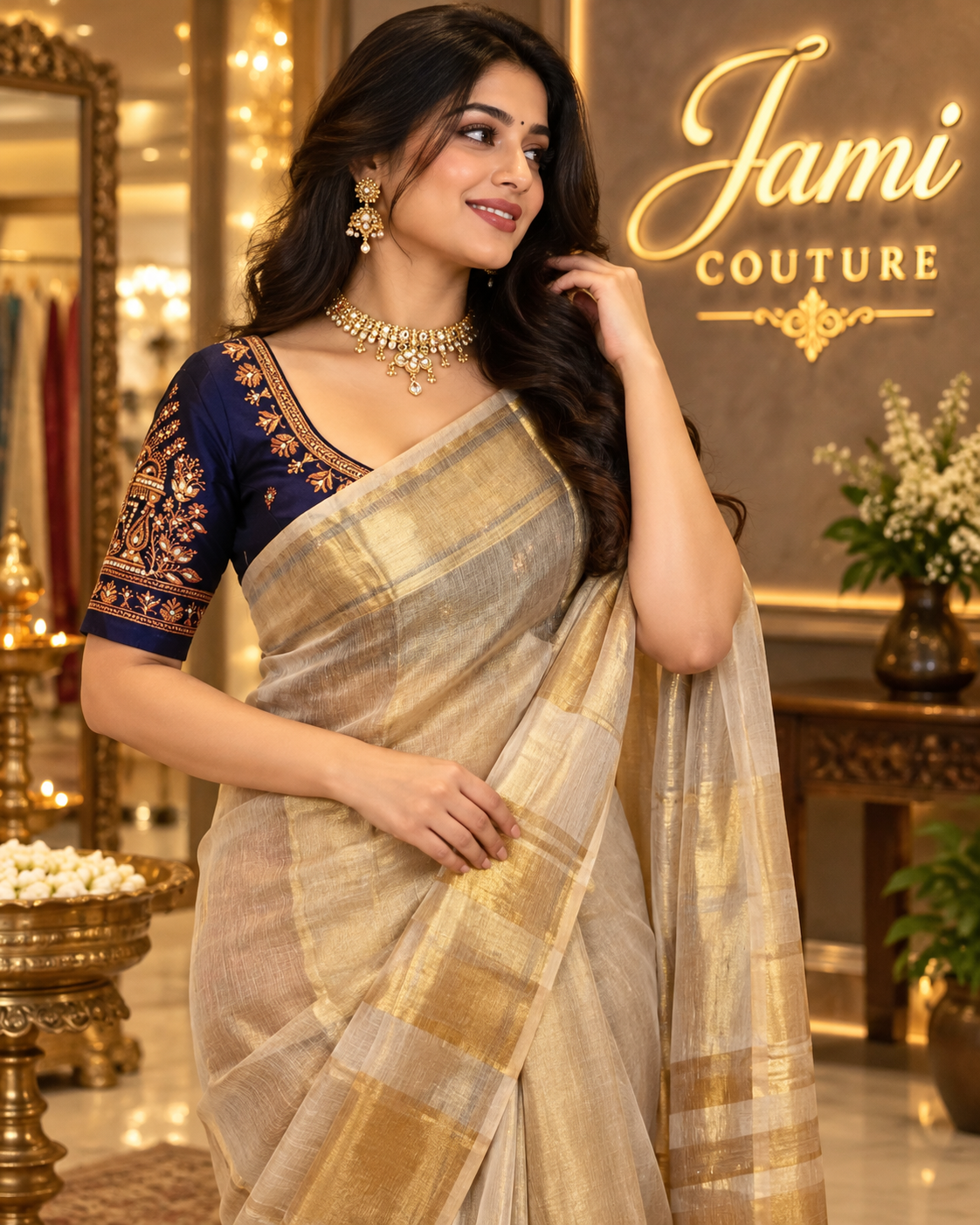 Golden Kadhi Tissue Silk Saree with Tasseled Pallu