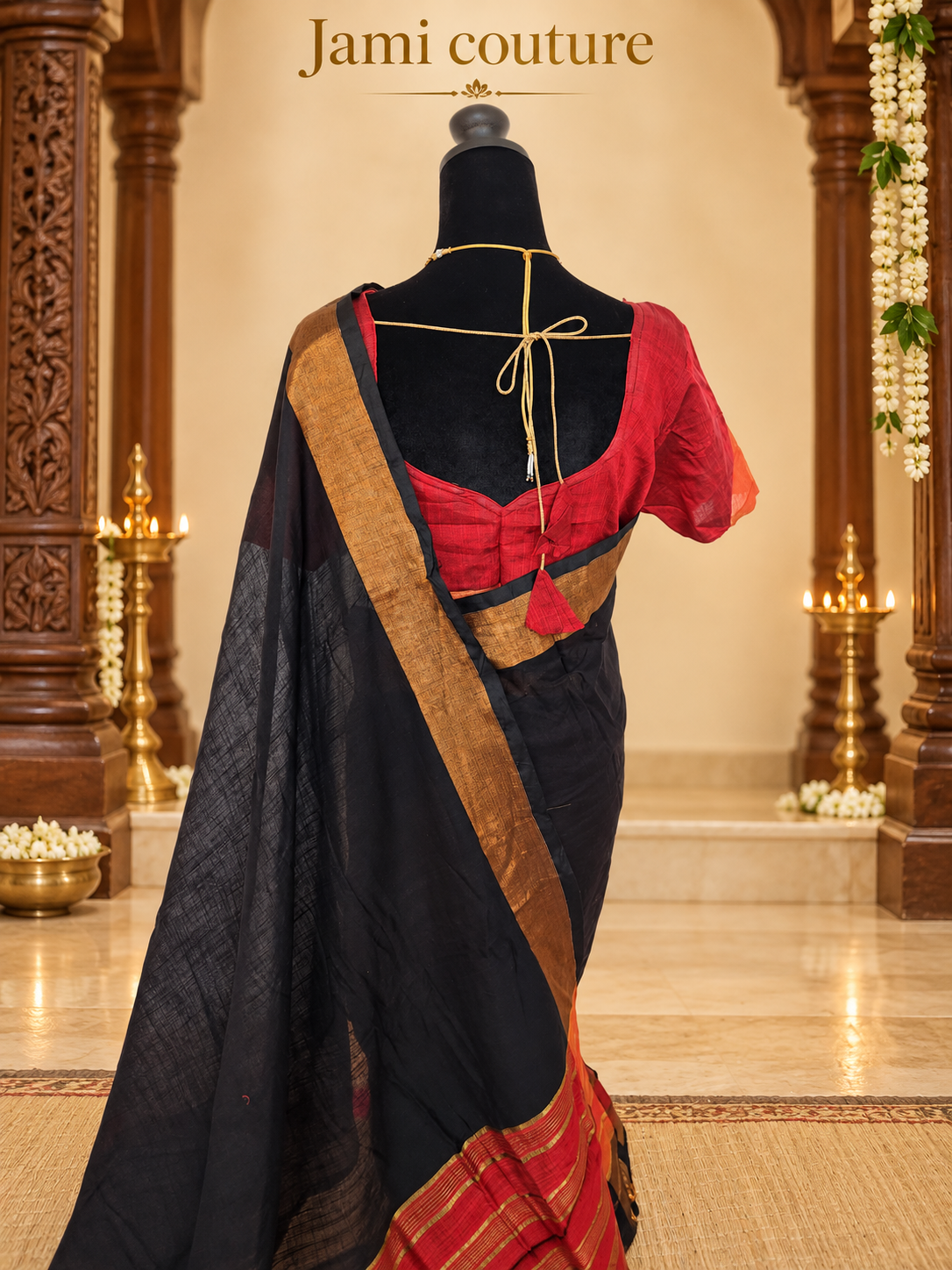 Black & Maroon Premium Khadi Cotton Saree with Copper Zari Border | Red Contrast Blouse