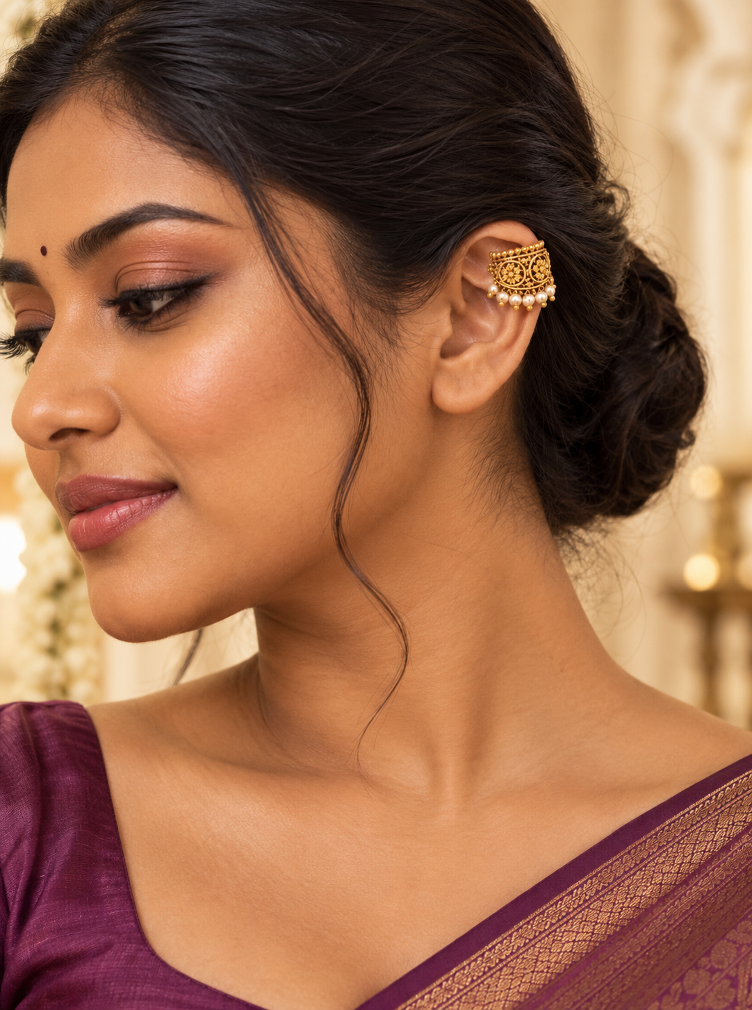 Gold Floral Temple Ear Cuffs with Pearl Fringe | Clip-On Earrings