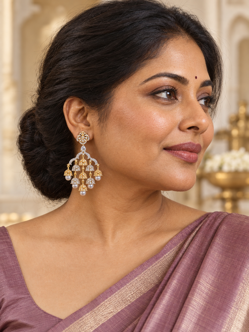 American Diamond Jhumka Chandelier Earrings with Pearl Drops | Two-Tone Bollywood Style