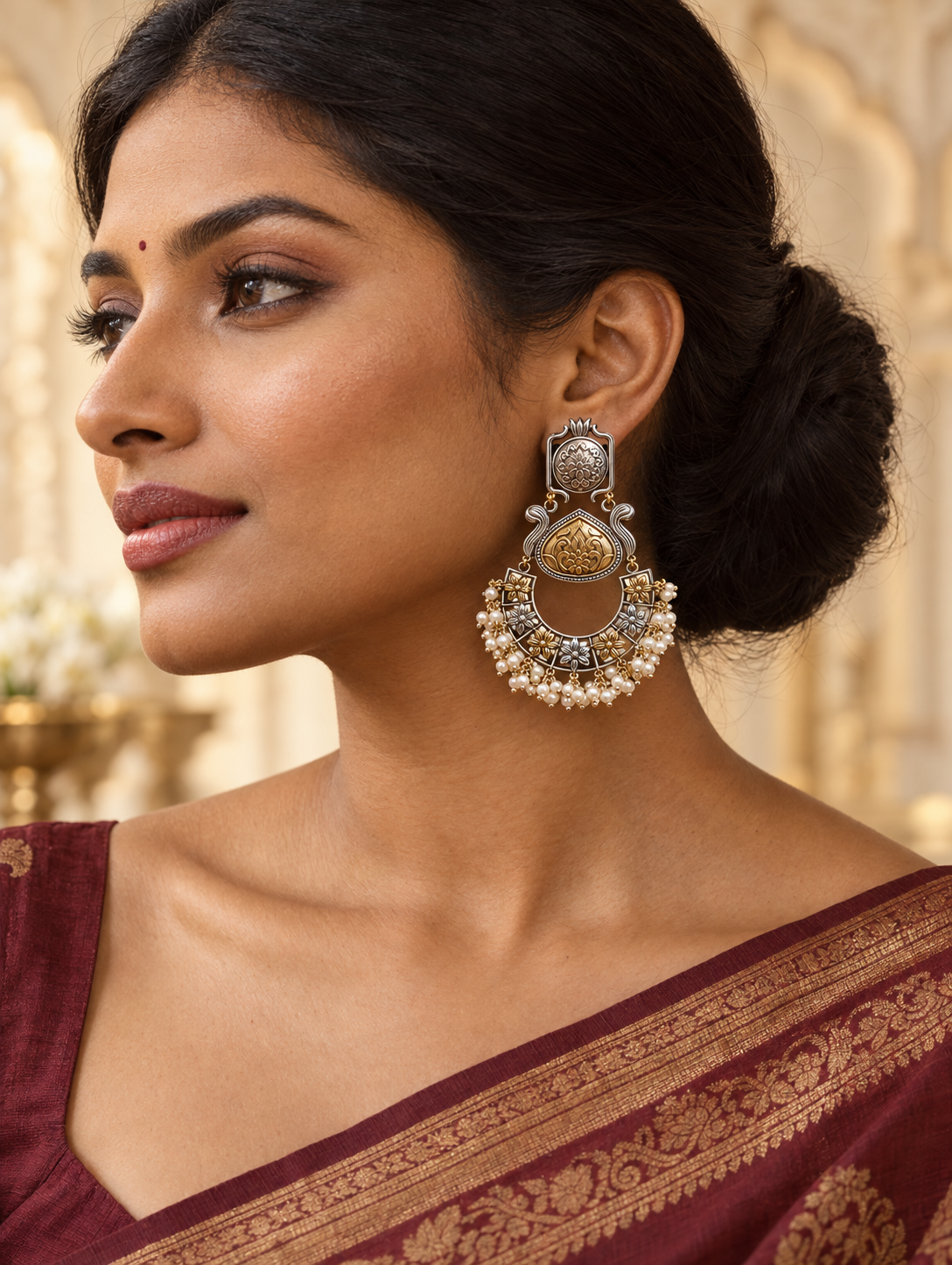 Oxidised Lotus Chandbali Earrings with Dual-Tone Floral Work & Pearl Fringe | Long Statement