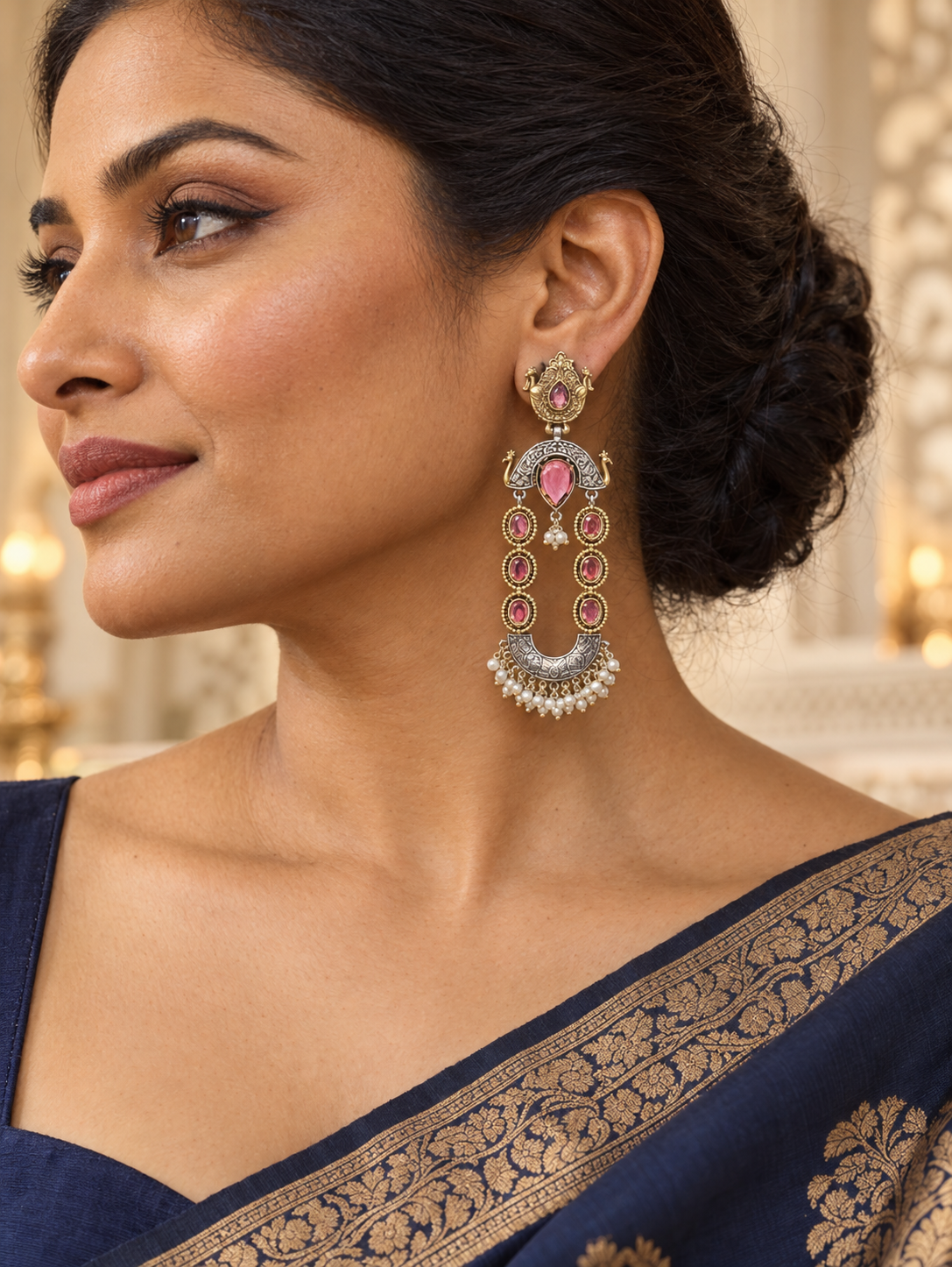 Oxidised Peacock Dual-Tone Chandelier Earrings with Ruby Stones & Pearl Fringe | Long Statement