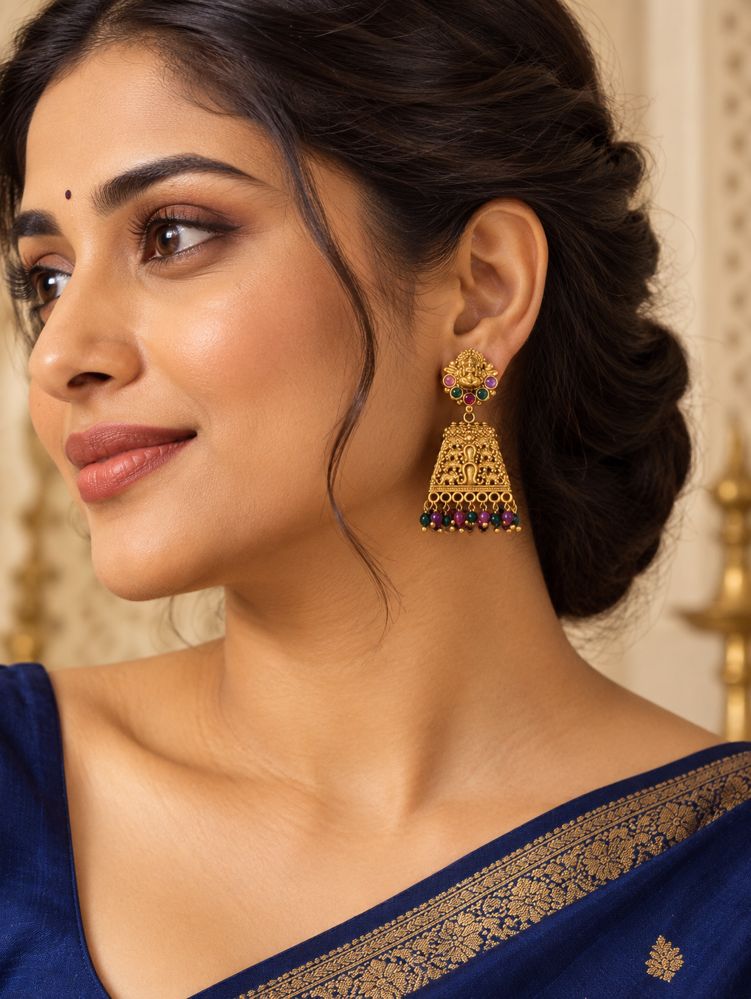 Temple Lakshmi Jhumka Earrings with Ruby, Emerald & Bead Detailing | Antique Matte Gold