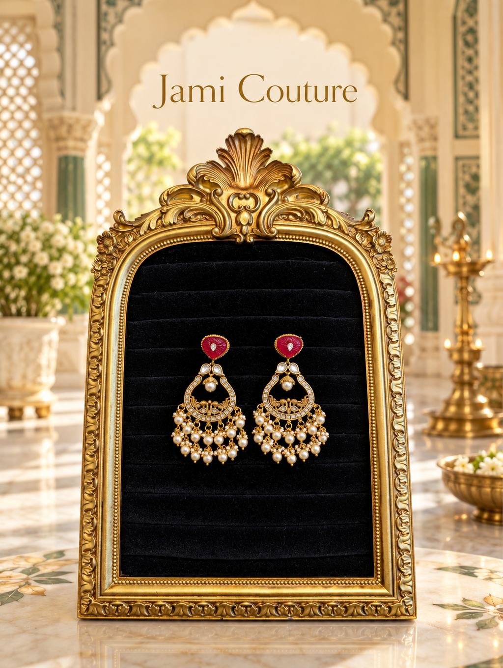 Carved Ruby & Kundan Chandbali Earrings with Pearl Cluster Fringe | Rajwadi Gold