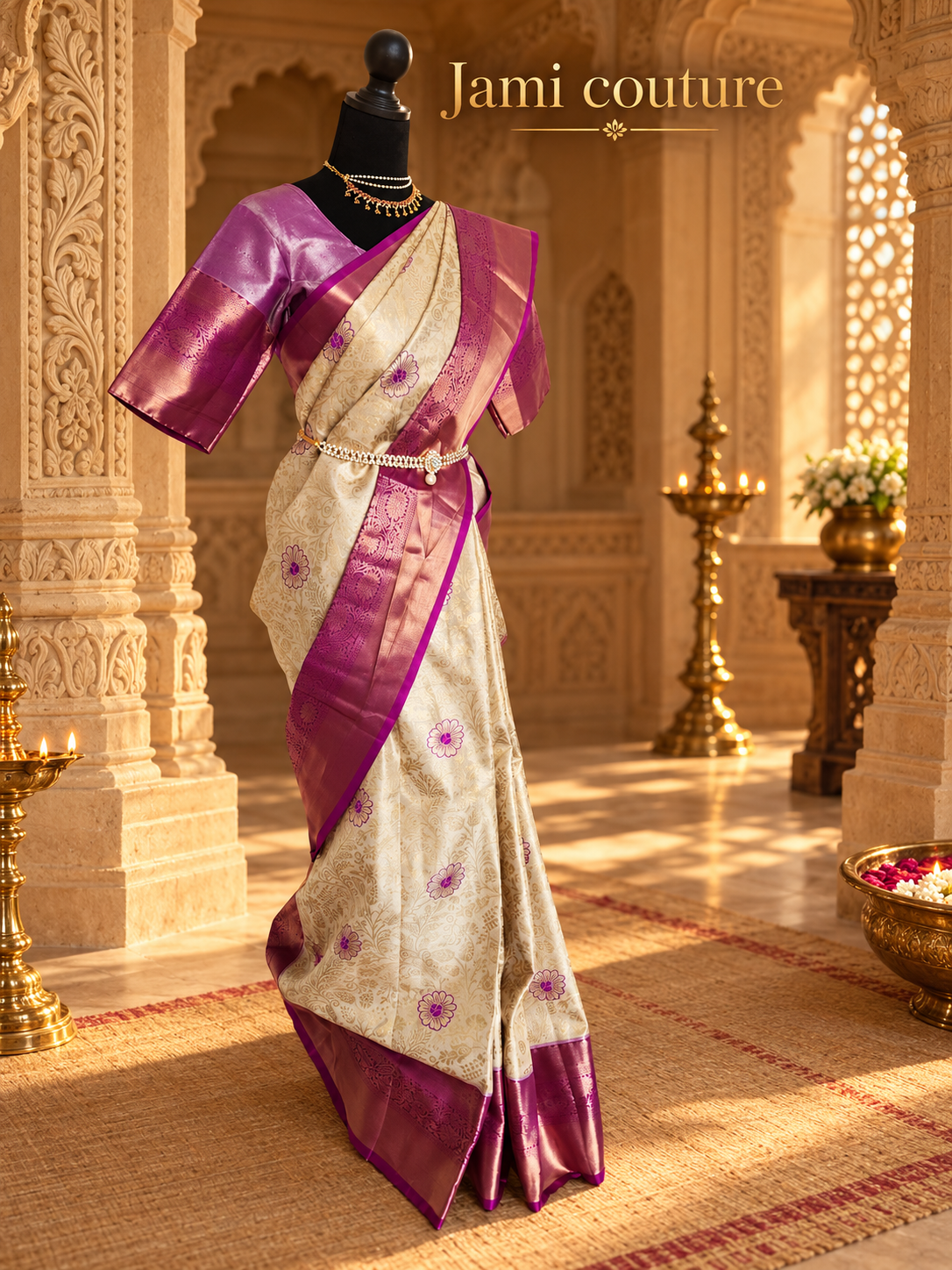 Ivory Gold Kanchipuram Silk Saree with Magenta Zari Border & Floral Motifs | Matching Stitched Blouse