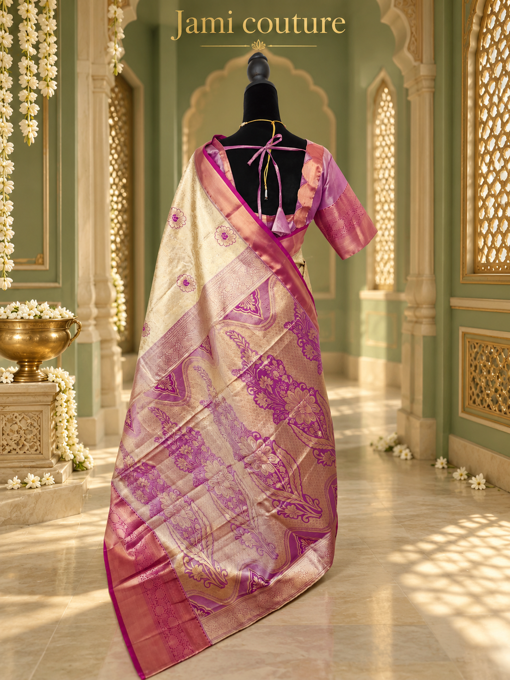 Ivory Gold Kanchipuram Silk Saree with Magenta Zari Border & Floral Motifs | Matching Stitched Blouse