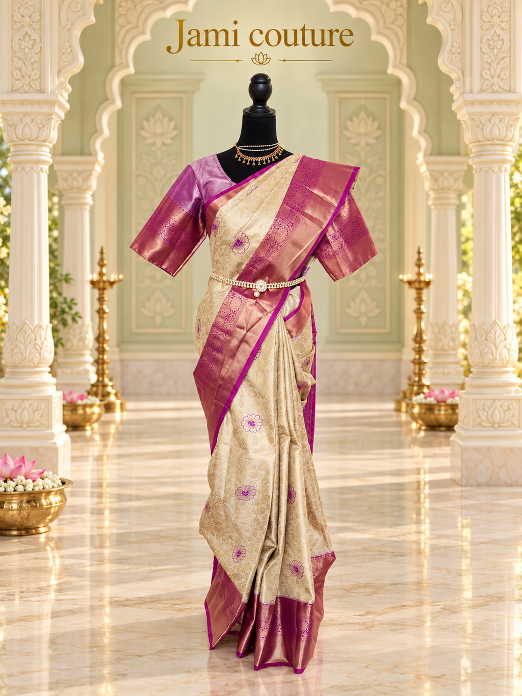 Ivory Gold Kanchipuram Silk Saree with Magenta Zari Border & Floral Motifs | Matching Stitched Blouse