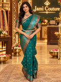✨ Premium Jute Banarasi Saree with Gap Border ✨ - Deep Teal/Peacock Green body with subtle antique-gold woven motifs