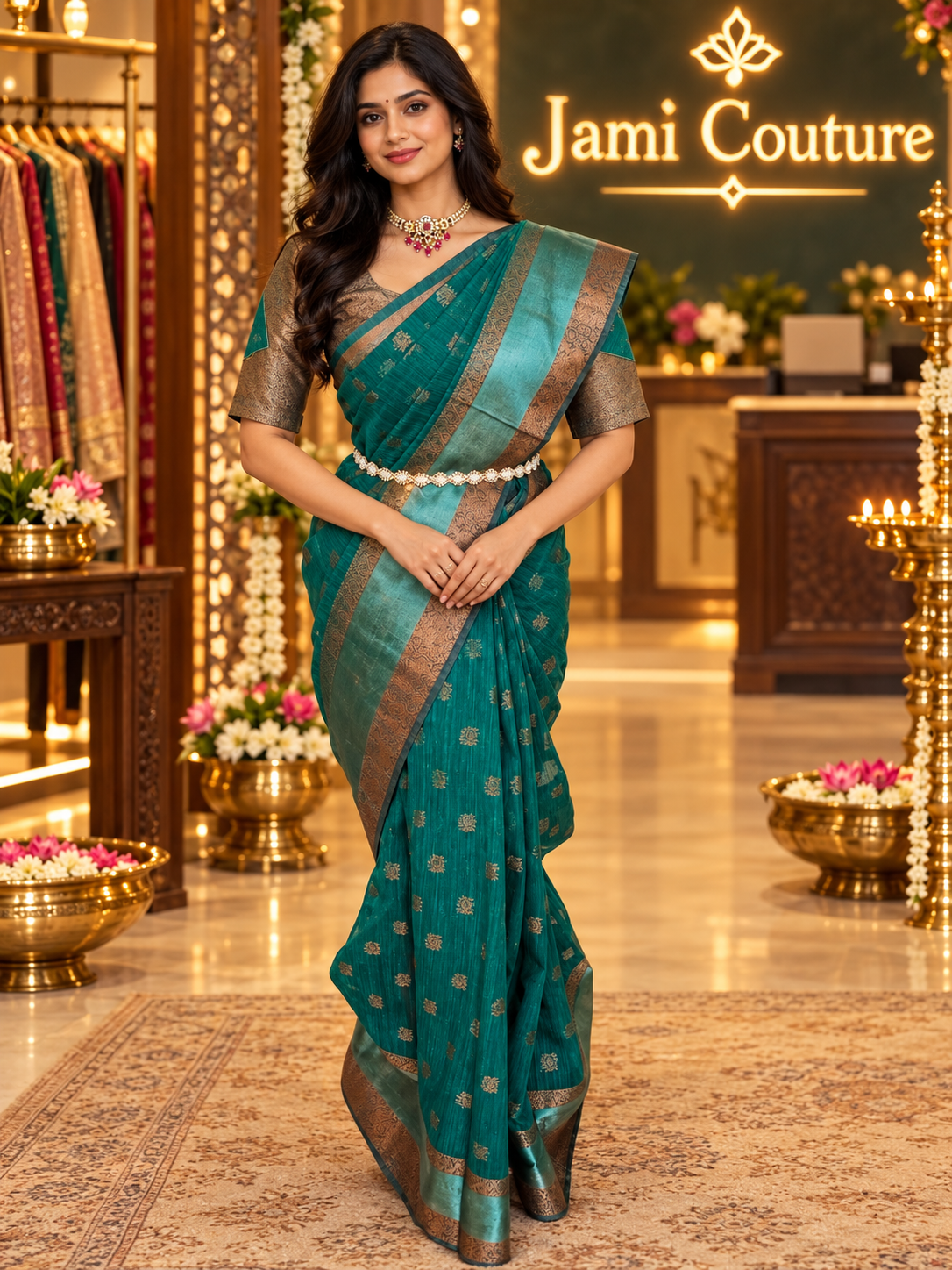 ✨ Premium Jute Banarasi Saree with Gap Border ✨ - Deep Teal/Peacock Green body with subtle antique-gold woven motifs