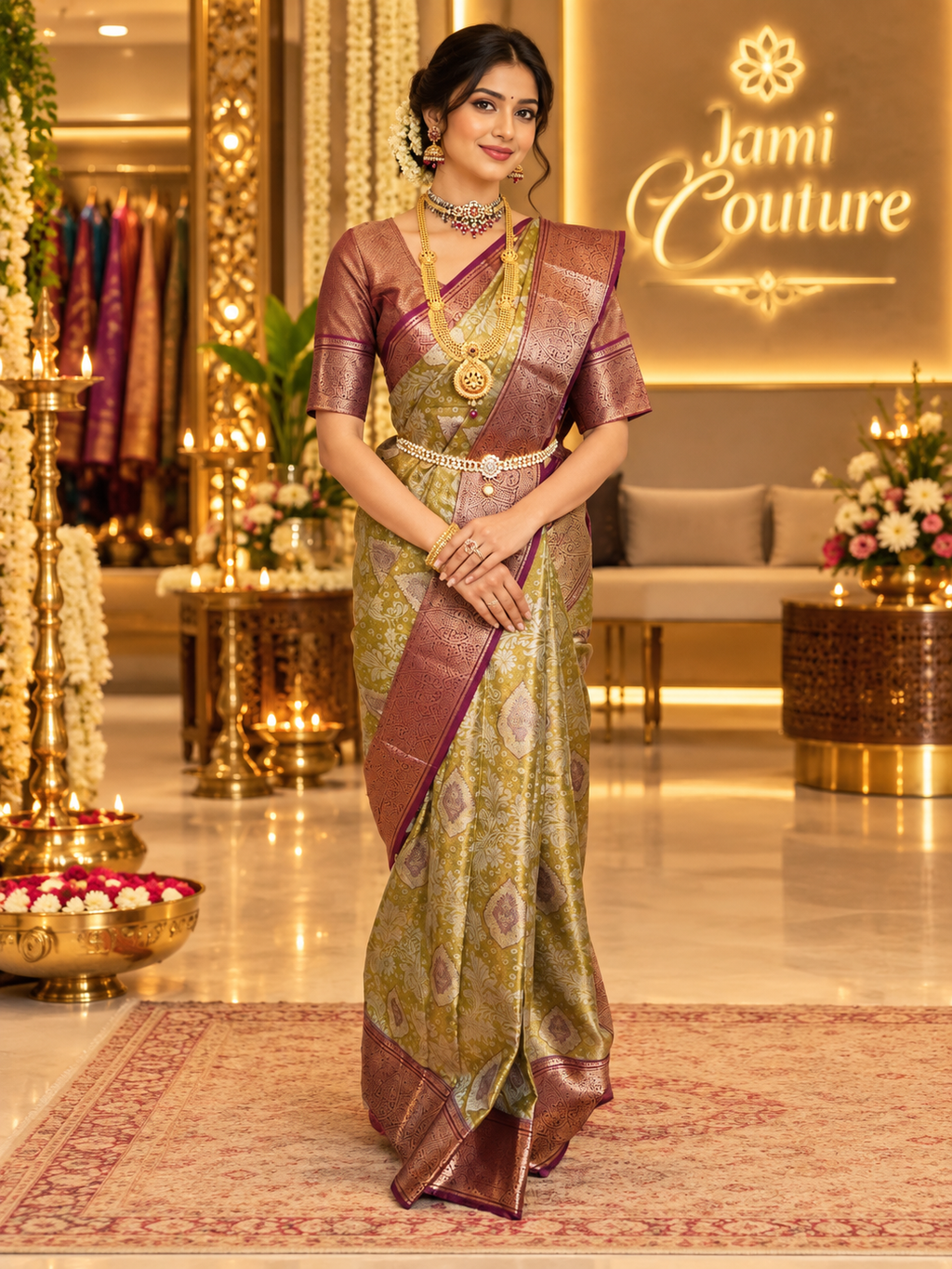 ✨ Premium Handpicked Kanchipuram Silk Saree ✨ - Olive green / Antique-gold body with deep maroon-brown border