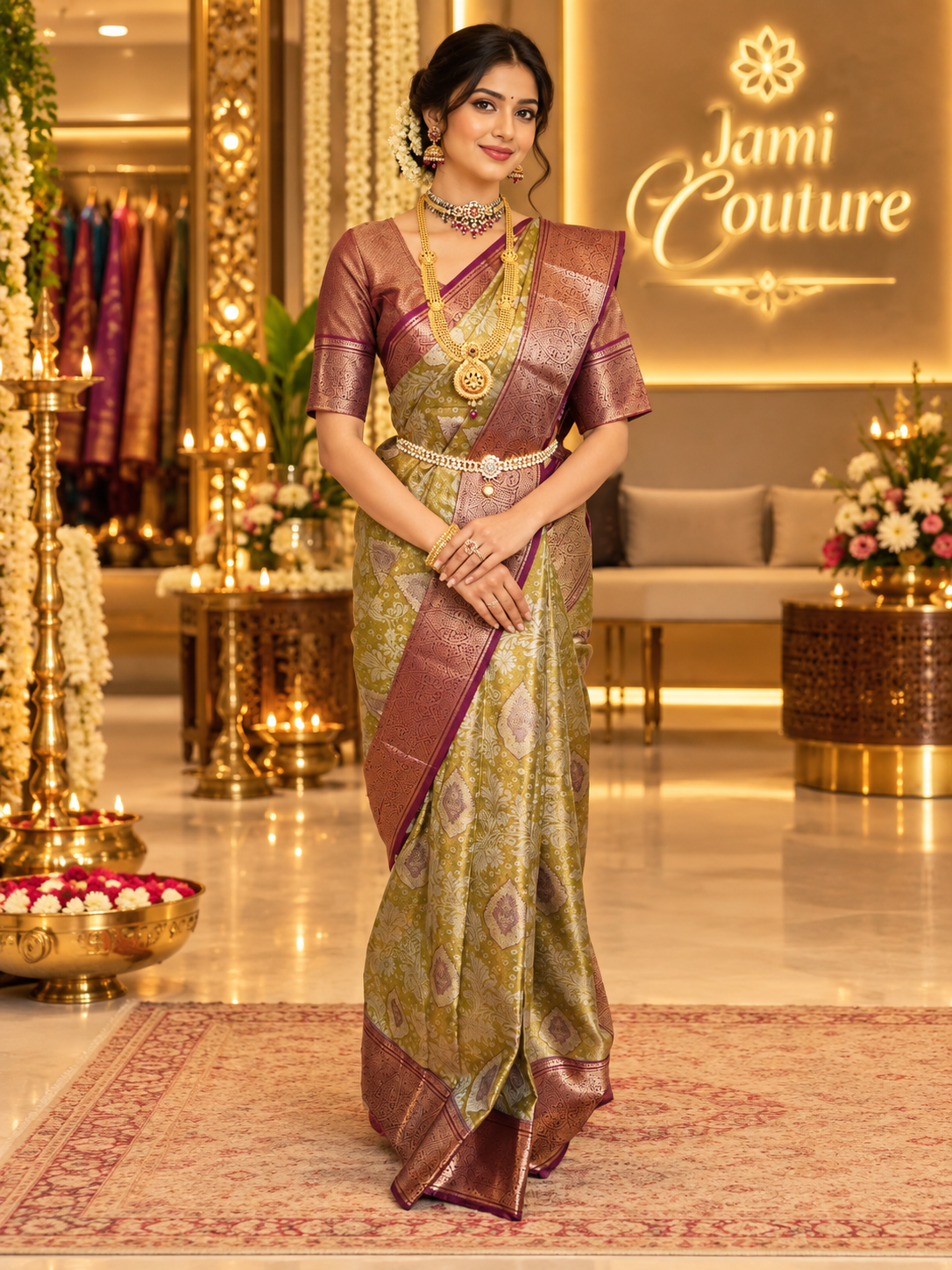 ✨ Premium Handpicked Kanchipuram Silk Saree ✨ - Olive green / Antique-gold body with deep maroon-brown border