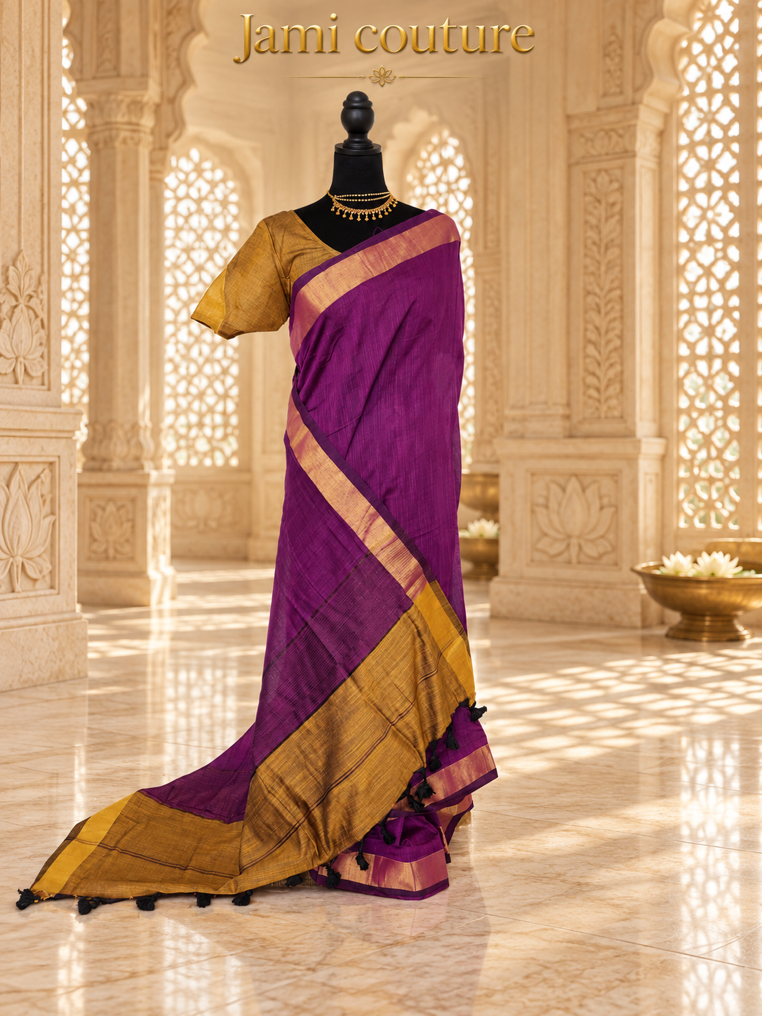Magenta & Mustard Premium Khadi Cotton Saree with Gold Zari Border | Mustard Contrast Blouse