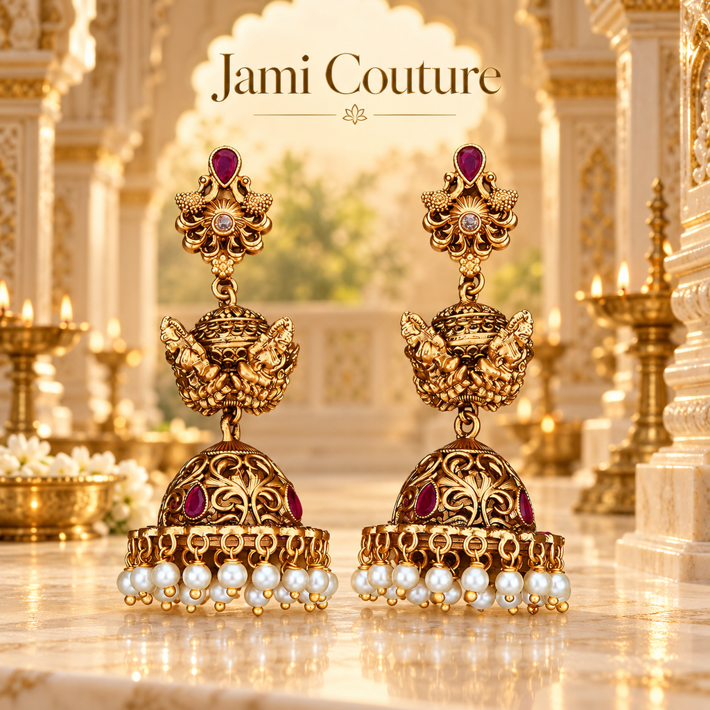 Temple Peacock Jhumka Earrings with Ruby, CZ & Pearl Fringe | Antique Gold