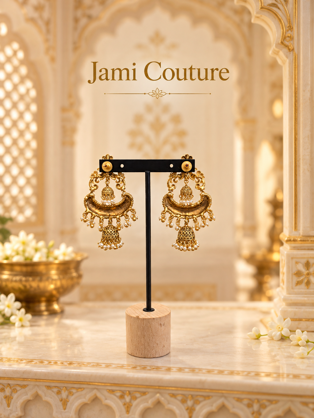 Antique Gold Peacock Chandbali Jhumka Earrings with Pearl Detailing | Matte Gold