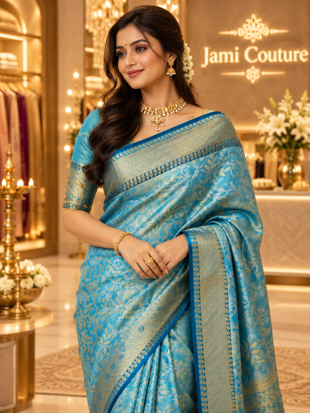 Peacock Blue Kanchivaram Silk Saree, Gold Zari