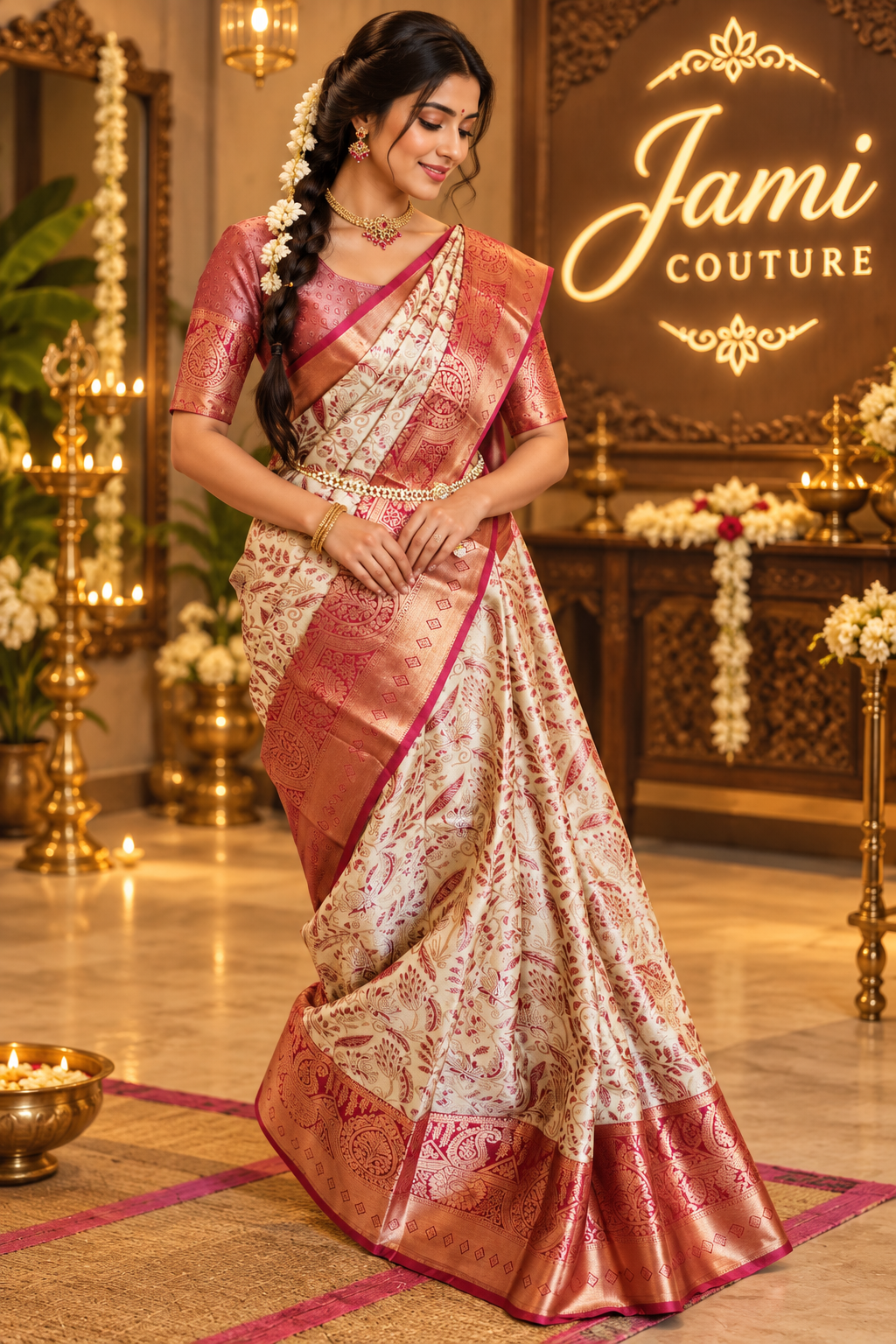 ✨ Premium Kanchipuram Silk Saree – Handpicked Collection ✨ - Ivory/cream body with elegant maroon-red woven floral motifs