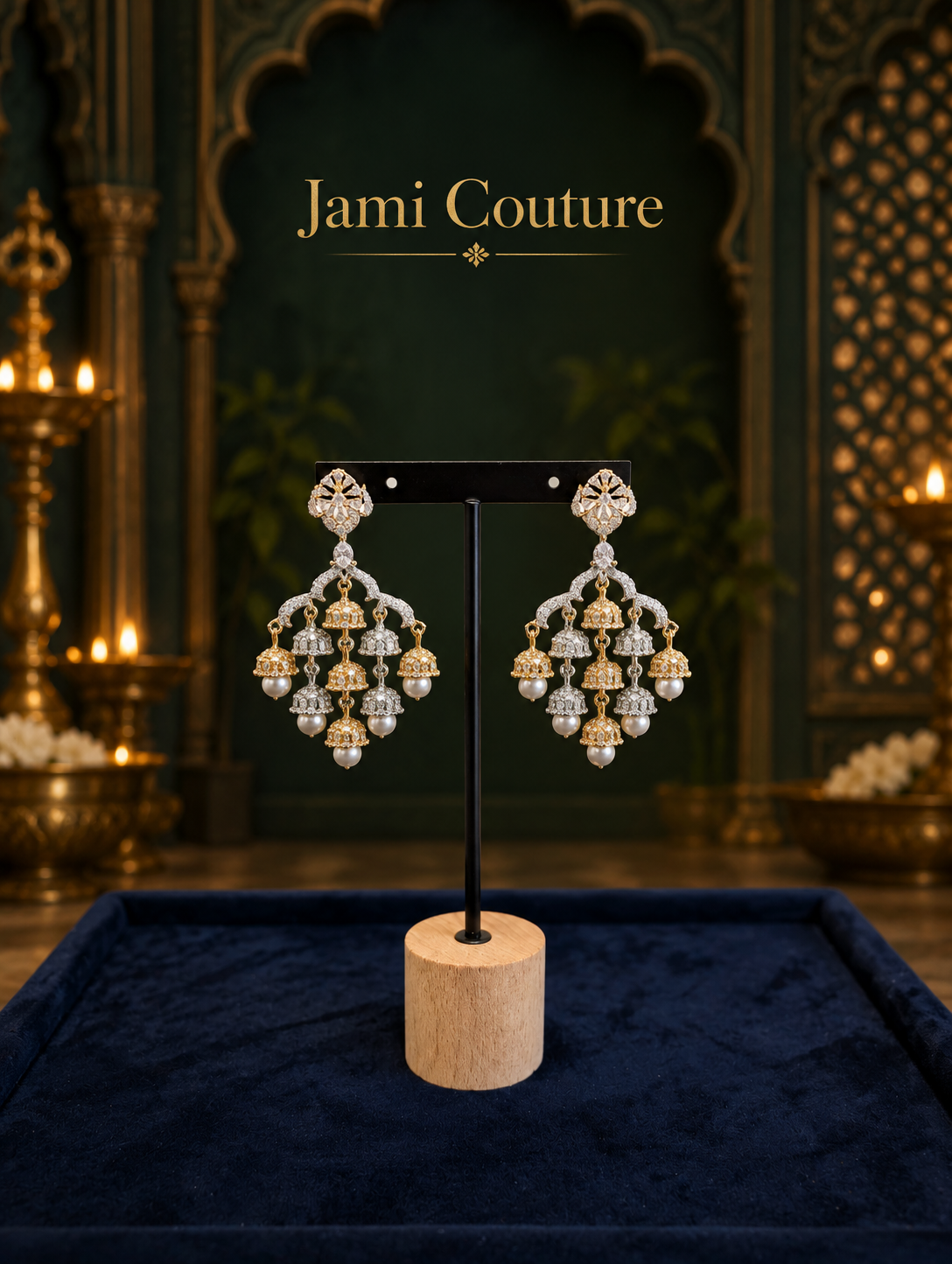 American Diamond Jhumka Chandelier Earrings with Pearl Drops | Two-Tone Bollywood Style