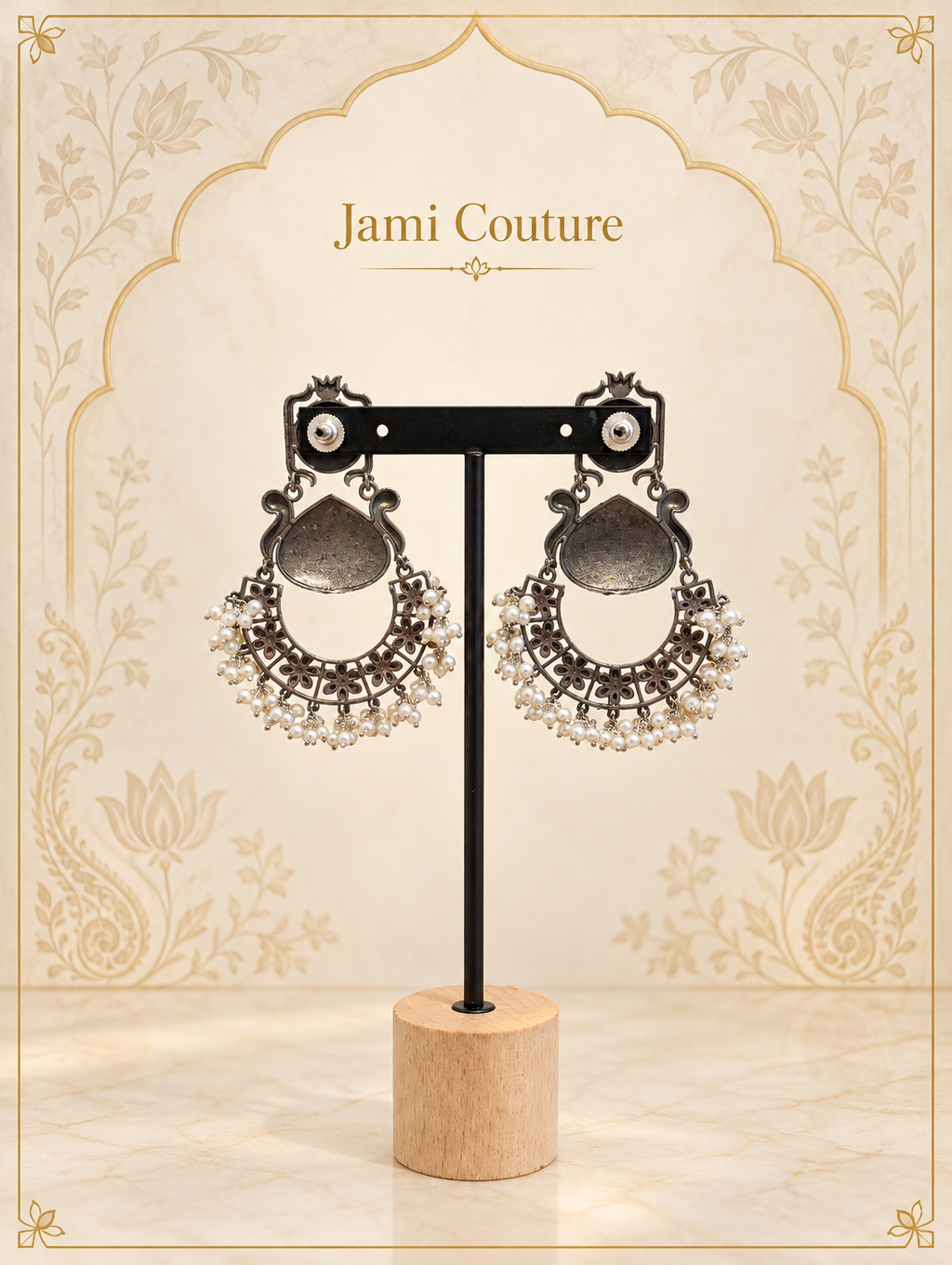 Oxidised Lotus Chandbali Earrings with Dual-Tone Floral Work & Pearl Fringe | Long Statement
