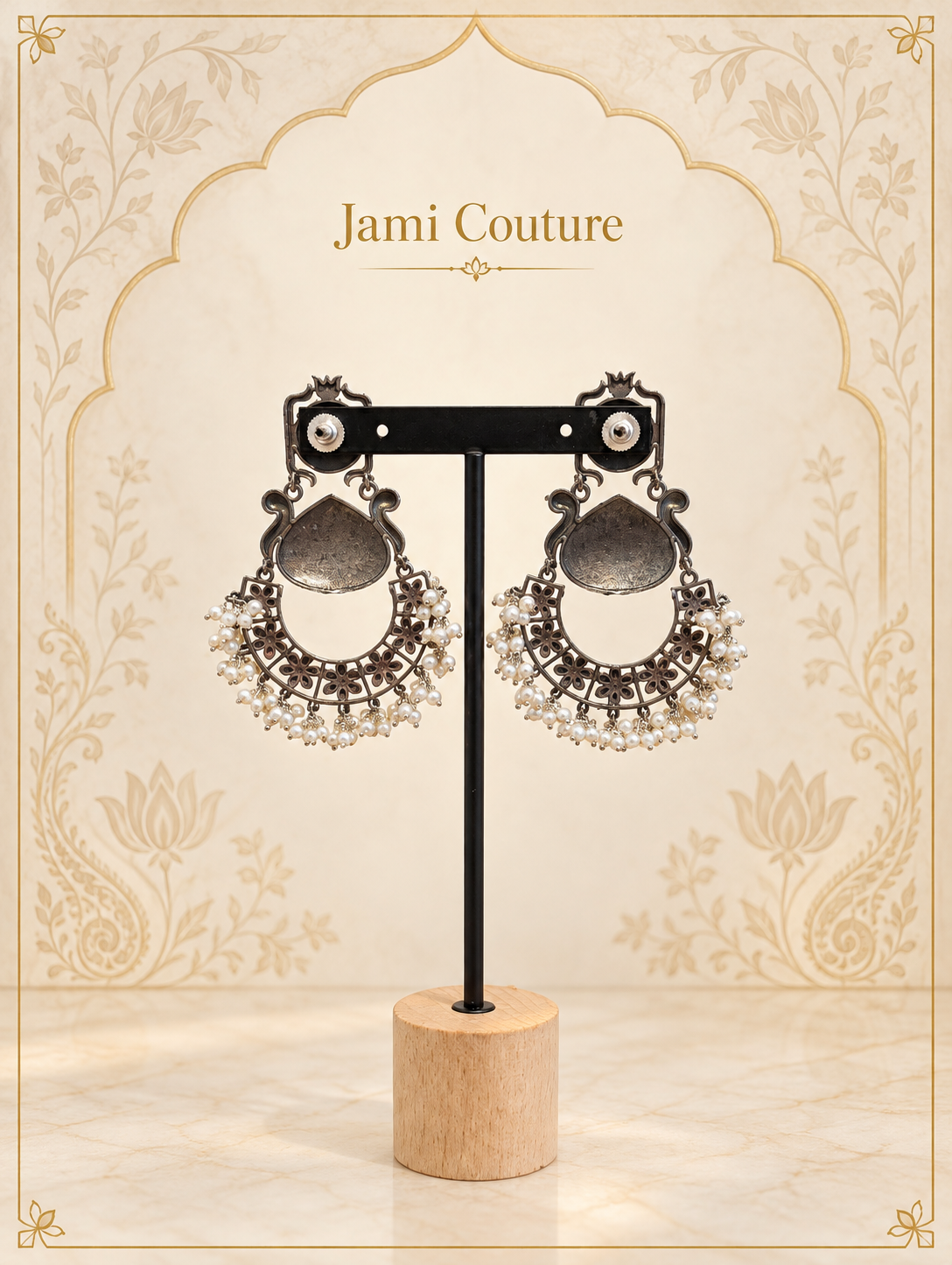 Oxidised Lotus Chandbali Earrings with Dual-Tone Floral Work & Pearl Fringe | Long Statement