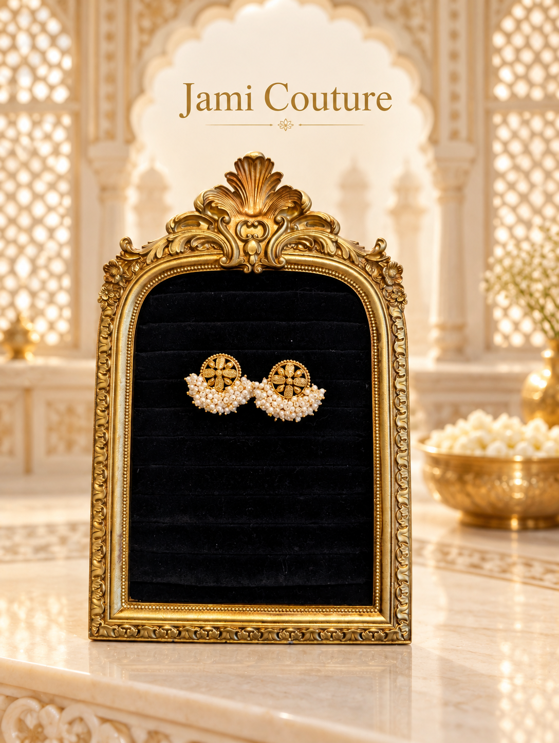 Antique Gold Floral Stud Earrings with Pearl Cluster Fringe | Matte Gold Tops