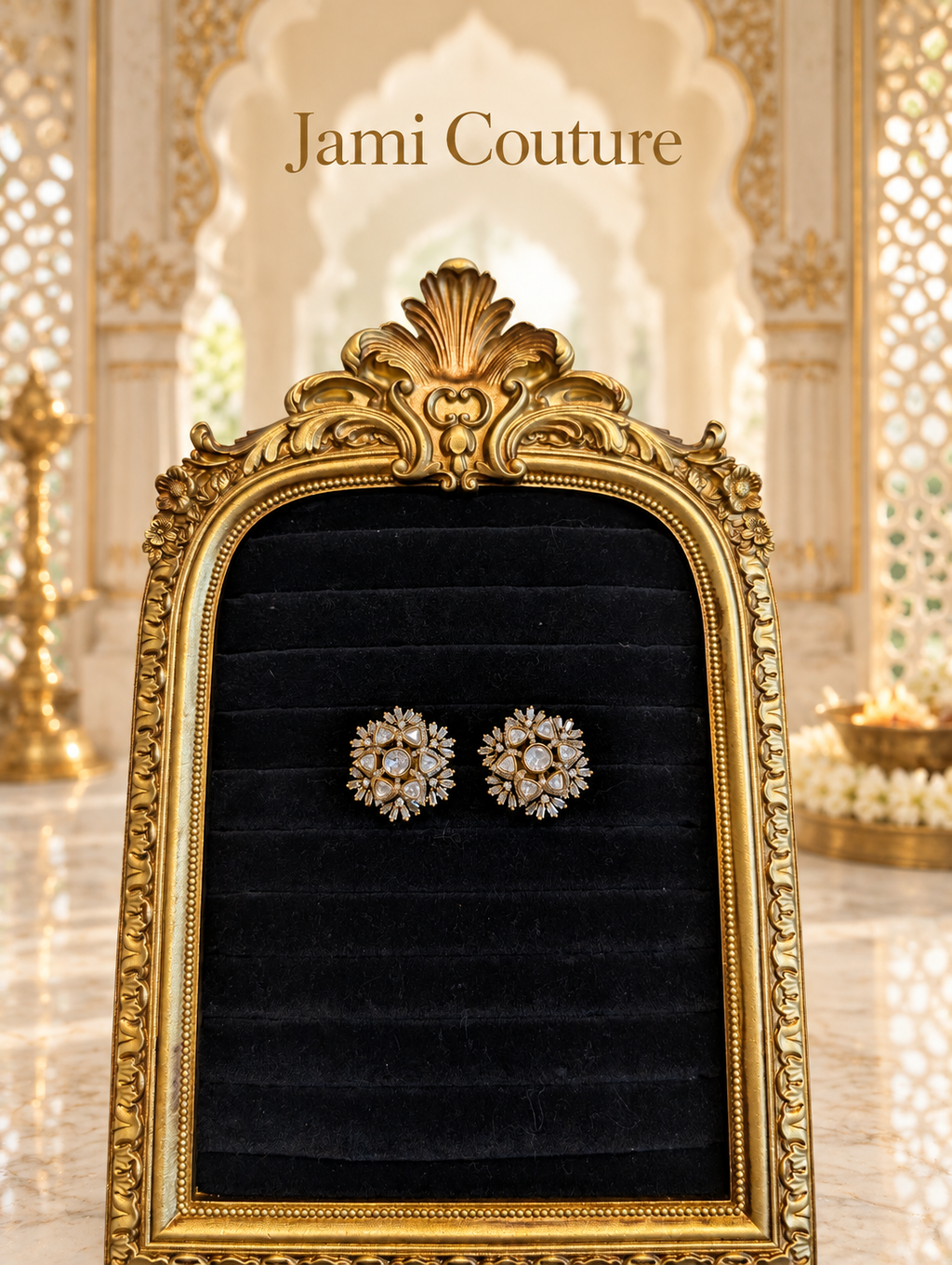 Polki Floral Starburst Stud Earrings with CZ Detailing | Rajwadi Antique Gold Tops