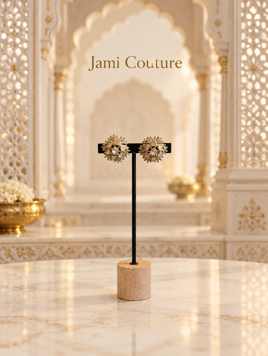 Polki Floral Starburst Stud Earrings with CZ Detailing | Rajwadi Antique Gold Tops