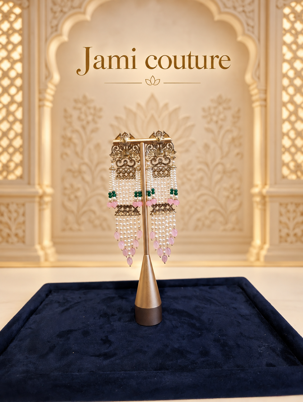Pink Meenakari Pearl Chandelier Earrings with Kundan & Green Bead Detailing | Long Statement Earrings