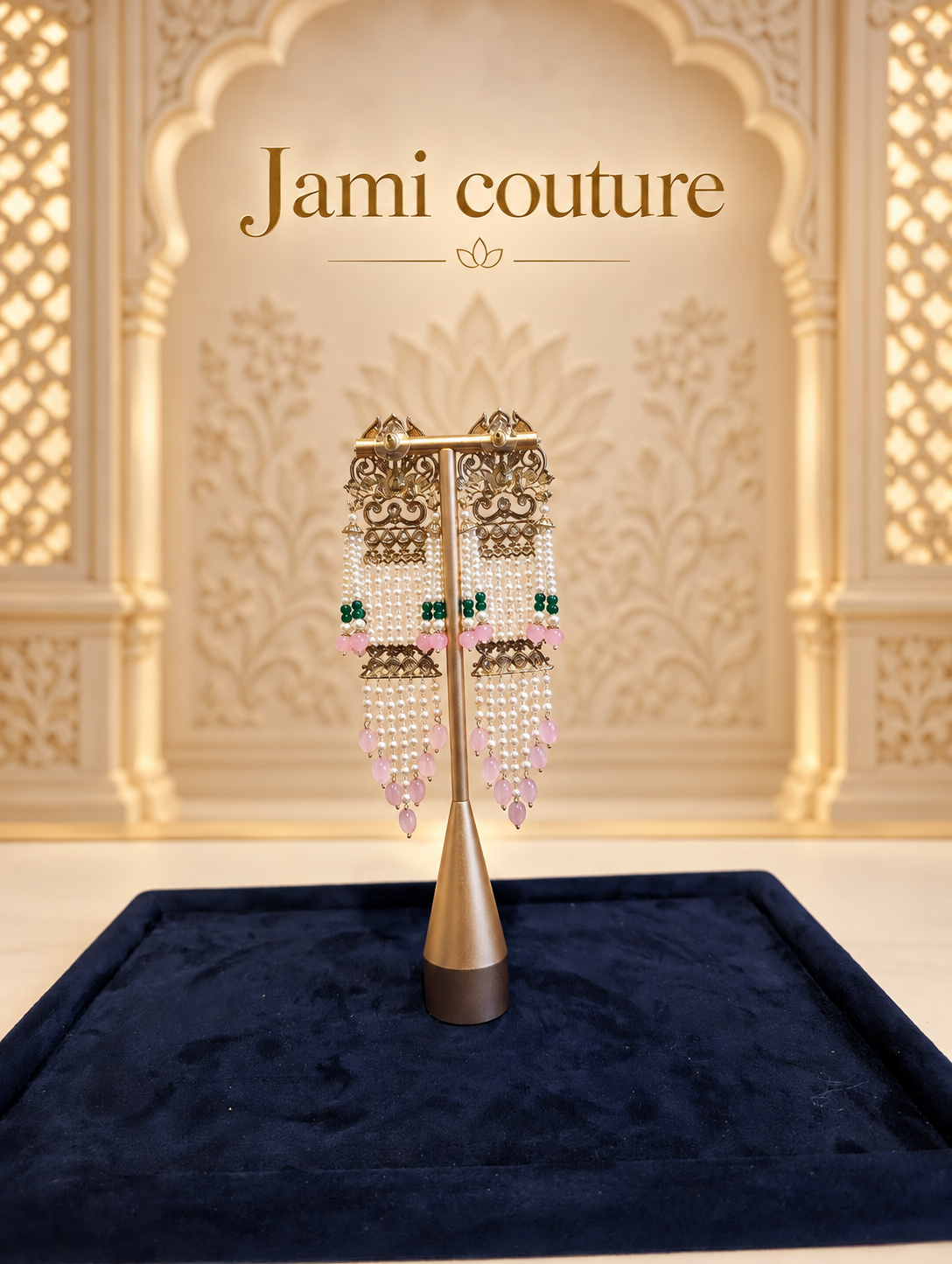 Pink Meenakari Pearl Chandelier Earrings with Kundan & Green Bead Detailing | Long Statement Earrings